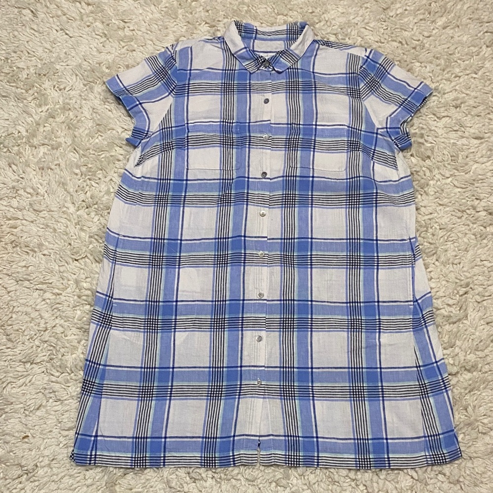 J.jill love linen  Blue & White Plaid button down Shirt Dress size L petite NEW